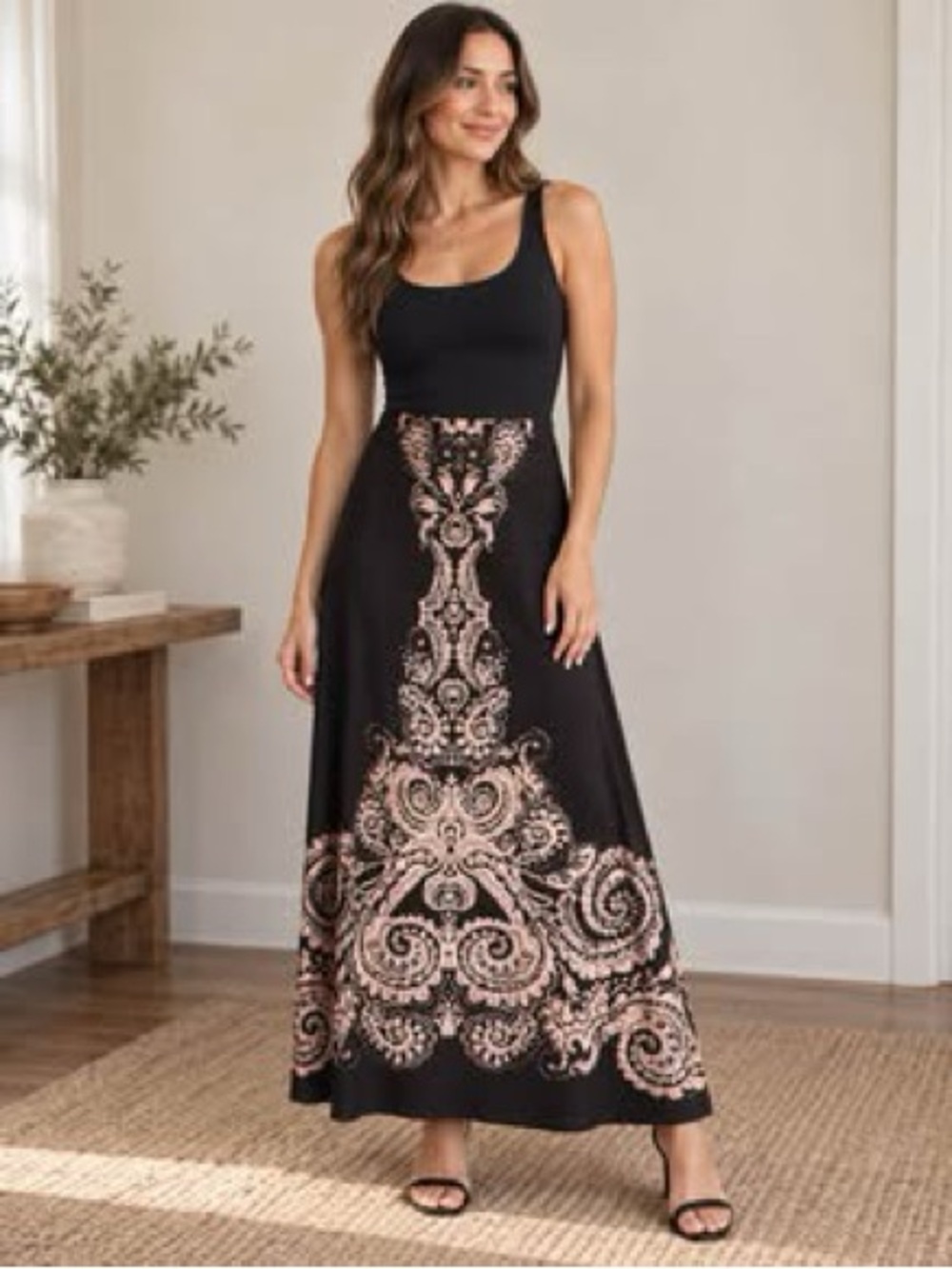 Black Maxi Skirt with Pink Ornate Paisley Print